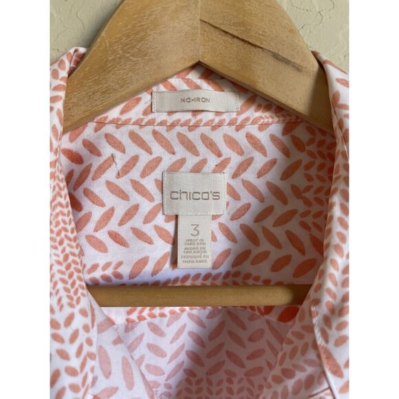 Chico's Size 3/XL Orange White Leaf Stamp Print Roll Tab Sleeve No-Iron Collared - Picture 4 of 7